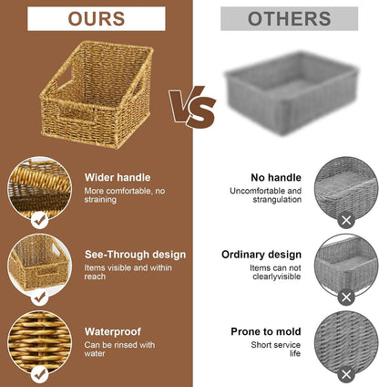 Pantry Baskets for Organizing, Waterproof Wicker Basket with Handles, Trapezoid Woven Baskets for Shelves，Bedroom, Laundry Room,Tan