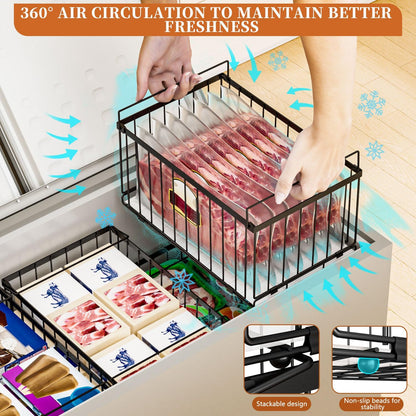 Large Freezer Organizer Bins, Upgrade Quick Expand/Collapse Feature, for 5-9 Cu.Ft Deep Freezer, 3 Pack Stackable Deep Freezer Organizer Bins, Black Wire Foldable Baskets (Black 3 Pack)