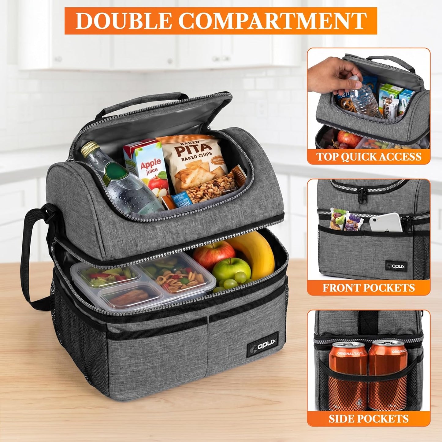 opux Insulated Lunch Bag for Men Women, Double Decker Leakproof Lunch Box Cooler Tote with Shoulder Strap, Large Lunchbox for Work School Travel Meal Prep, Adults Kids Boys Girls, Green, 16 Cans