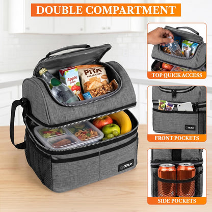 opux Insulated Lunch Bag for Men Women, Double Decker Leakproof Lunch Box Cooler Tote with Shoulder Strap, Large Lunchbox for Work School Travel Meal Prep, Adults Kids Boys Girls, Green, 16 Cans