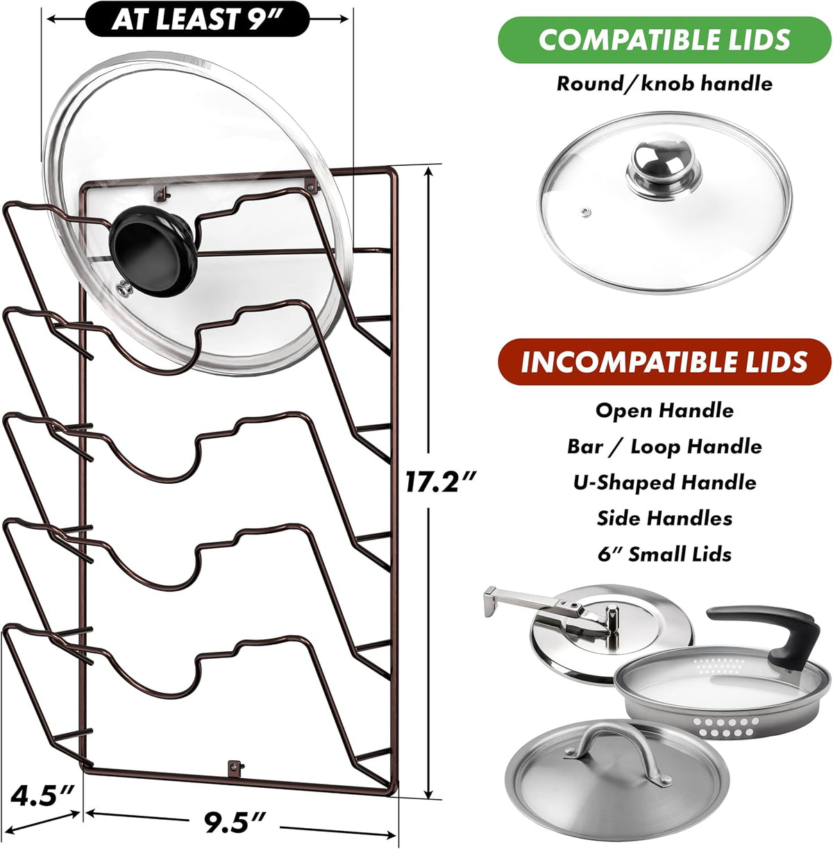 Simple Houseware Wall Door Mounted Pot Lid Rack Organizer, Chrome Finish