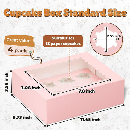 RYDDOY 4 Pack Cupcake Boxes, Hold 12 Standard Cupcakes, Cupcake Containers with Window and Inserts, High Grade Cupcake Holder, for Birthday Holiday Party, Supplies for Cupcakes, Desserts and More