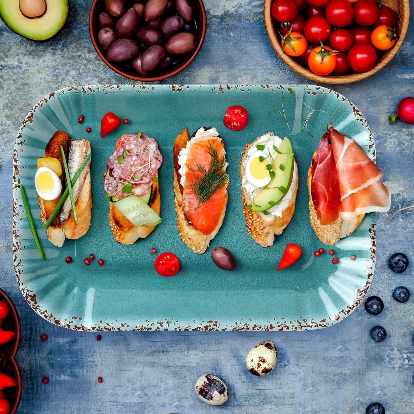 Gourmet Art Crackle Set of 2 100% melamine rectangular serving trays/platters Aquamarine 12"