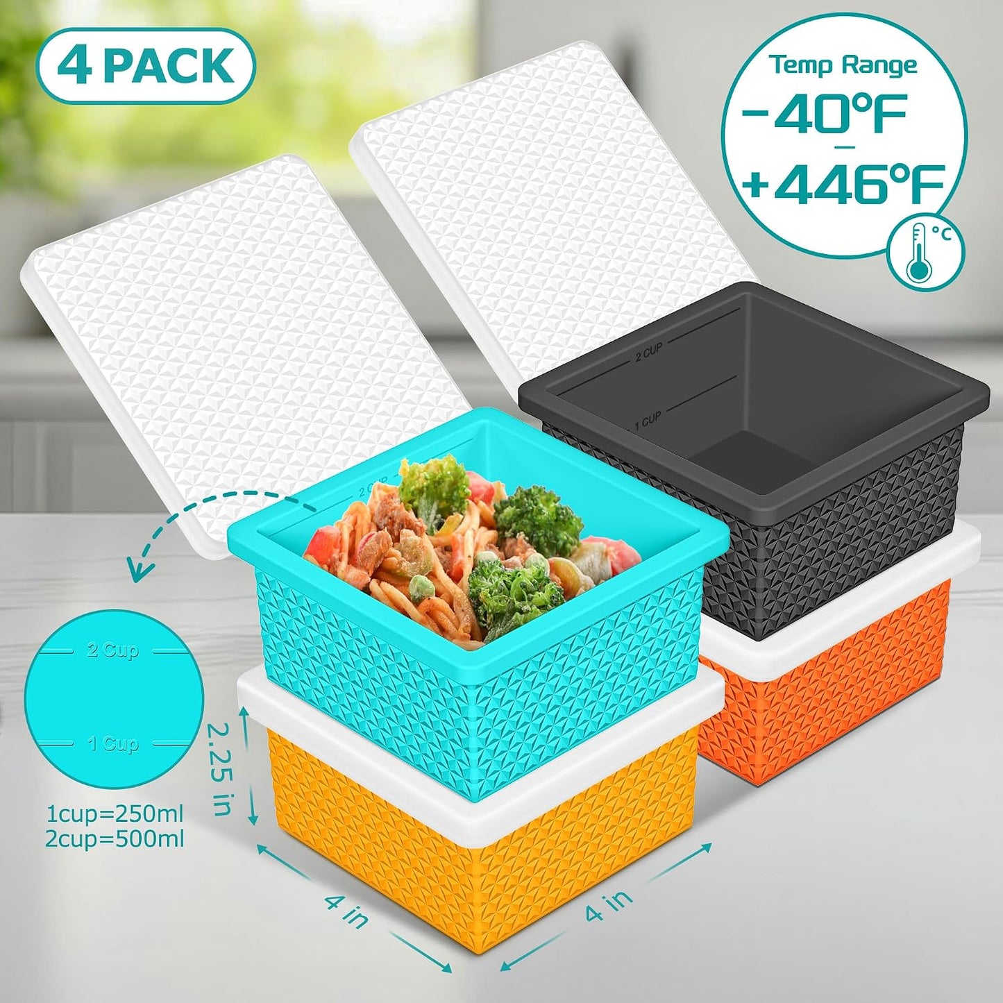 Silicone Freezer Molds for Soup Cube - 2-Cup Freezer Storage Container Tray with Lid,4 Pack Stackable Ice Cube Trays for Portion Control,Food Storage Meal Prep,Oven & Dishwasher Safe