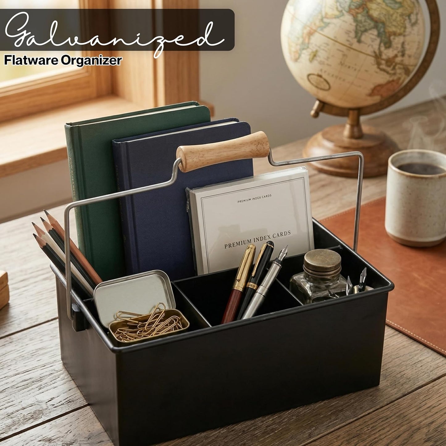 Alpha Living Home Galvanized Metal Utensil Caddy - Rustic Farmhouse Organizer Metal Garden Caddy with 4 Compartments and Wooden Handle for Kitchen, Buffet & Outdoor Events (Silver)