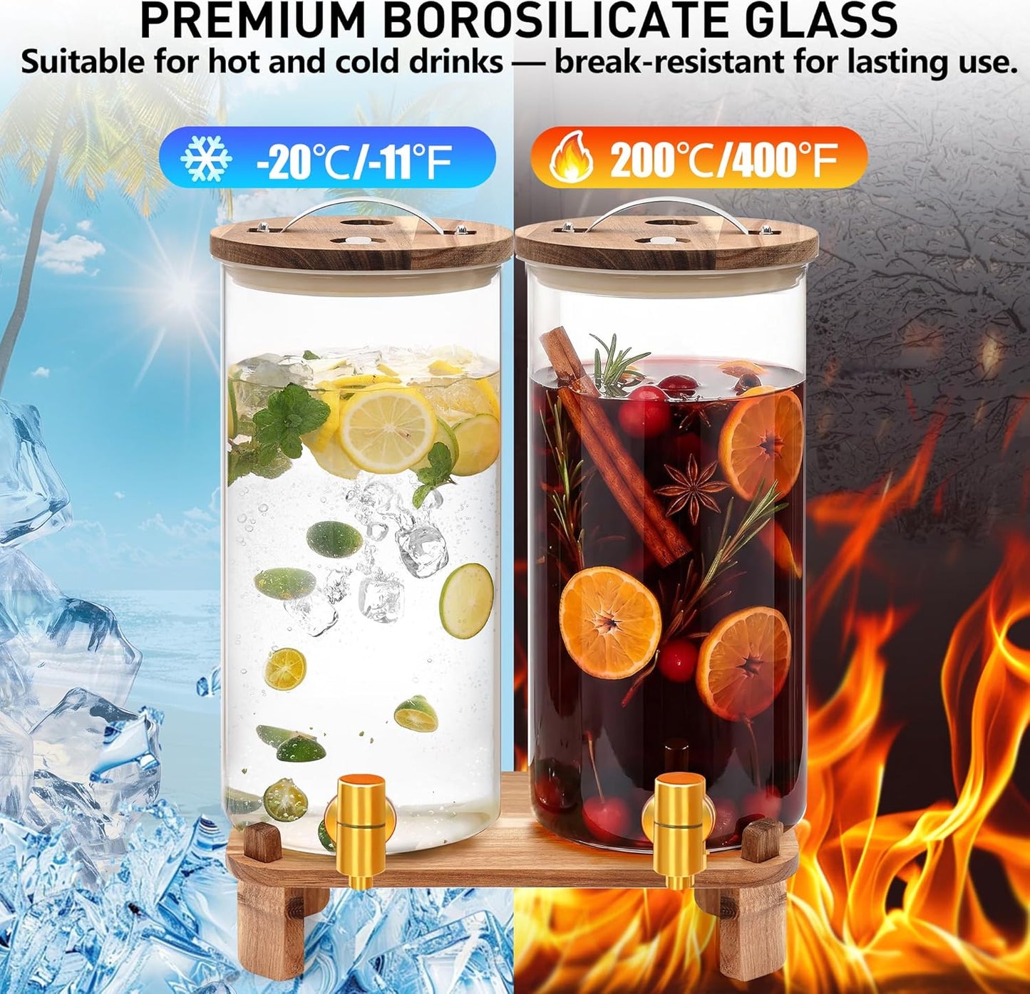 2 Pack 2 Gallon Large Drink Dispenser with Wooden Stand, Glass Beverage Dispenser with Stainless Steel Spigot, Water Drink Dispensers for Lemonade, Juice, Cocktails, Tea, and Party Drinks