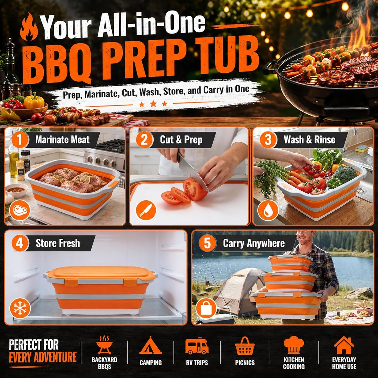 8L Collapsible BBQ Prep Tub with Locking Lid & Cutting Board - Marinade Container Grill Carry System for RV Picnic Tailgate - Portable Wash Basin for Kitchen Camping Sink - Gift for Men Women