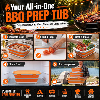8L Collapsible BBQ Prep Tub with Locking Lid & Cutting Board - Marinade Container Grill Carry System for RV Picnic Tailgate - Portable Wash Basin for Kitchen Camping Sink - Gift for Men Women