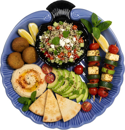 Servo Best Grey Ceramic Chip and Dip Platter, Shell Design Appetizer Serving Tray with Built-In Dip Bowl, Sectioned Snack Platter for Chips Salsa Veggies, Party Entertaining Serveware Gift
