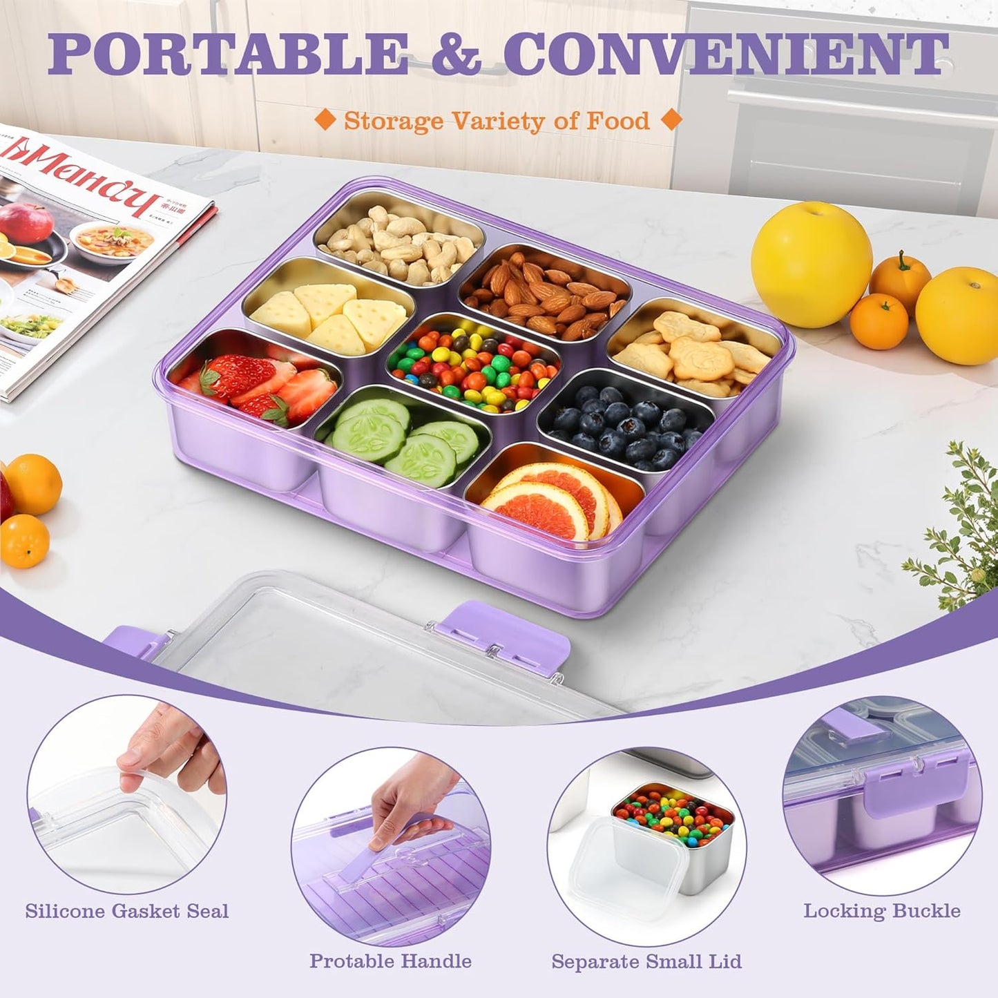Snackle Box Container, Stainless Steel Snack Containers for Adults, 9 Compartments Divided Serving Tray with Lids and Handle, Portable Snack Platter for Parties, Grey