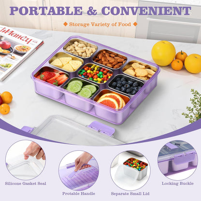 Snackle Box Container, Stainless Steel Snack Containers for Adults, 9 Compartments Divided Serving Tray with Lids and Handle, Portable Snack Platter for Parties, Grey