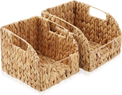 Casafield Set of 2 Water Hyacinth Pantry Baskets with Handles - Espresso, Woven Storage Bin Organizers for Kitchen Shelves, Medium and Large Sizes