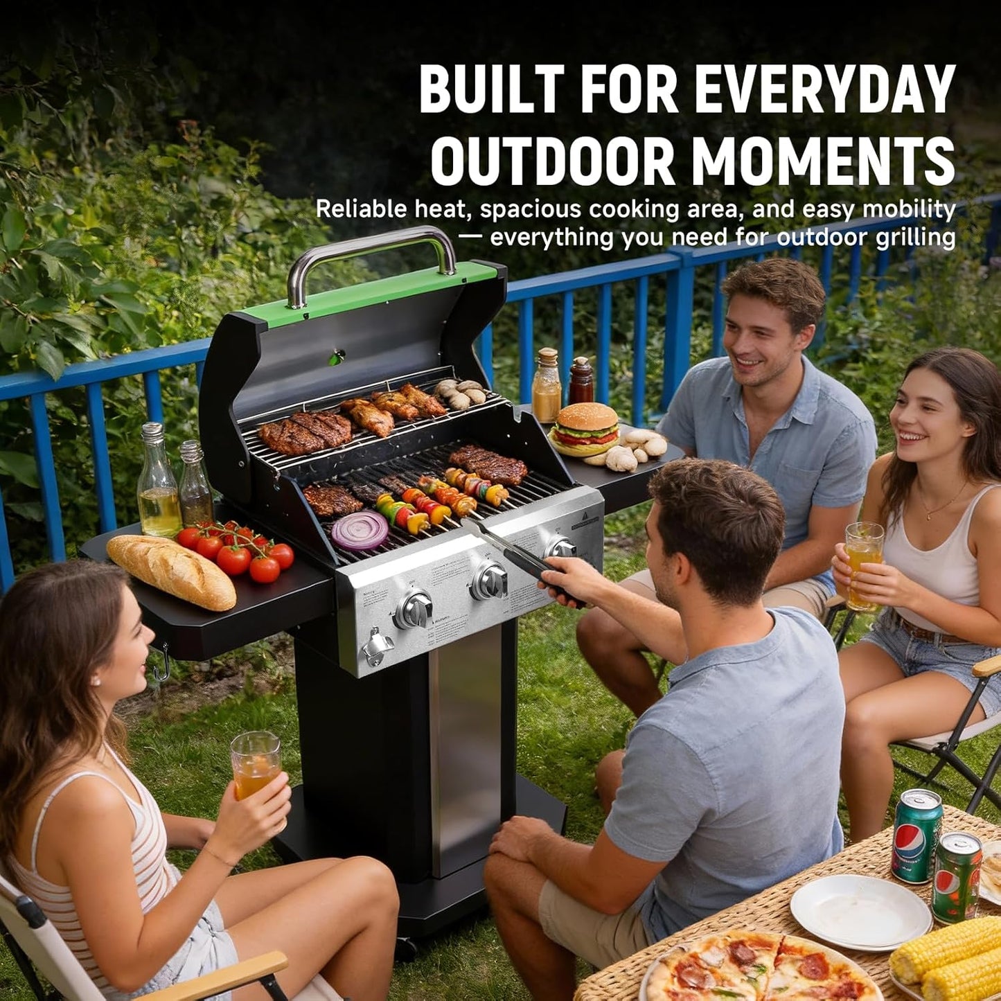 Redlife 3 Burner Propane Gas Grill, 30,000 BTU Outdoor BBQ Grill with Cast Iron Cooking Grates, Stainless Steel Warming Rack, Built-in Thermometer, Side Shelves, Removable Grease Tray, Yellow