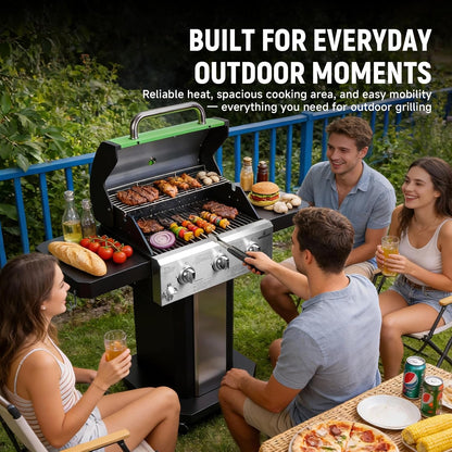 Redlife 3 Burner Propane Gas Grill, 30,000 BTU Outdoor BBQ Grill with Cast Iron Cooking Grates, Stainless Steel Warming Rack, Built-in Thermometer, Side Shelves, Removable Grease Tray, Yellow