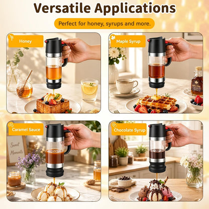 Honey Dispenser No Drip, Glass Honey Dispenser with Stand, 10oz Borosilicate Mess-Free Honey Jar with Ergonomic Handle, Precision Pouring Container for Honey, Maple Syrup, Chocolate Syrup (Black)