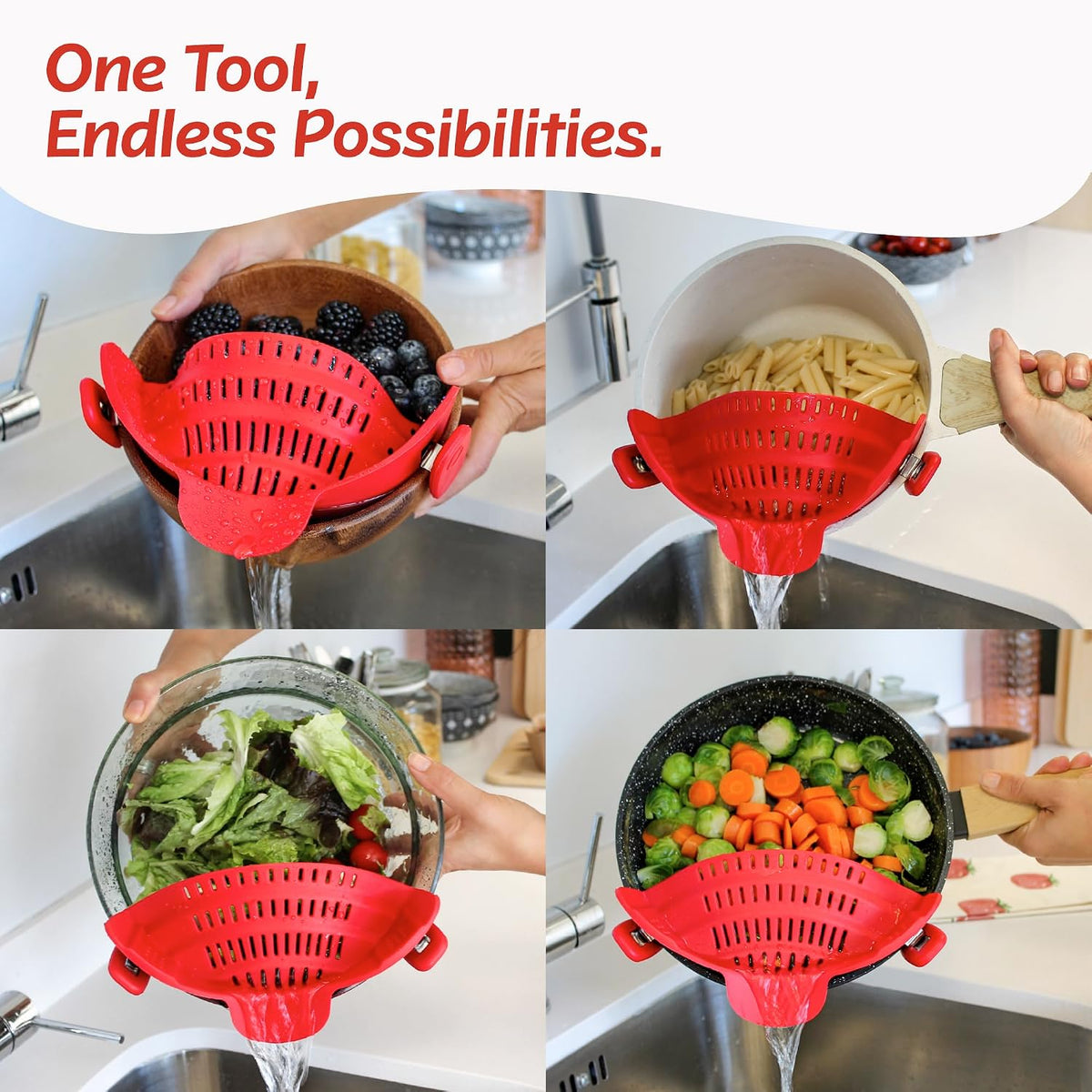 PERFECT PASTA PAL Clip-On Silicone Pot Strainer for Pasta and Vegetables