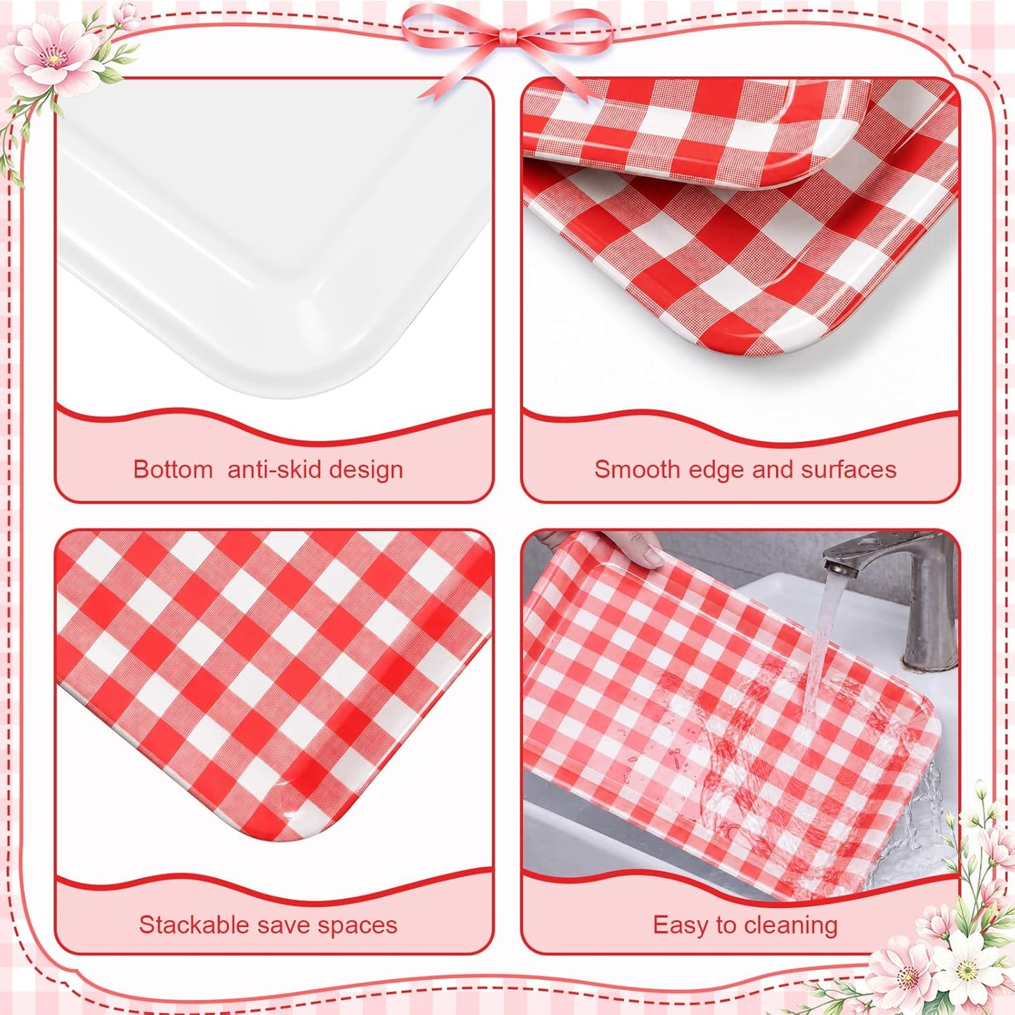 Vesici 3 Pcs Cherry Bow Serving Trays 13 x 10 Inch Pink Bow Cherry Melamine Platters Reusable Rectangular Serving Dishes for Coquette Wedding Baby Shower Birthday Party Sharing Snack Fruit Dessert
