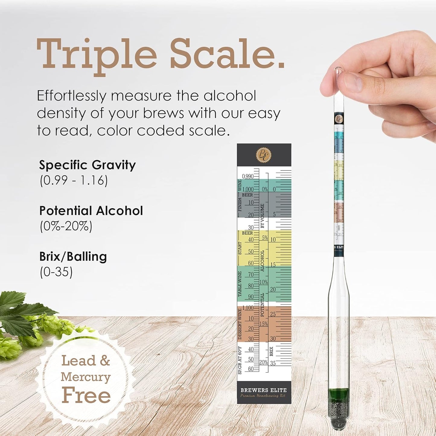 Brewer's Elite Hydrometer for Home Brew Beer, Wine, Mead and Kombucha - Deluxe Triple Scale Set with Hardcase and Cloth - Specific Gravity ABV Tester