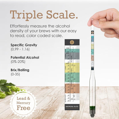 Brewer's Elite Hydrometer for Home Brew Beer, Wine, Mead and Kombucha - Deluxe Triple Scale Set with Hardcase and Cloth - Specific Gravity ABV Tester