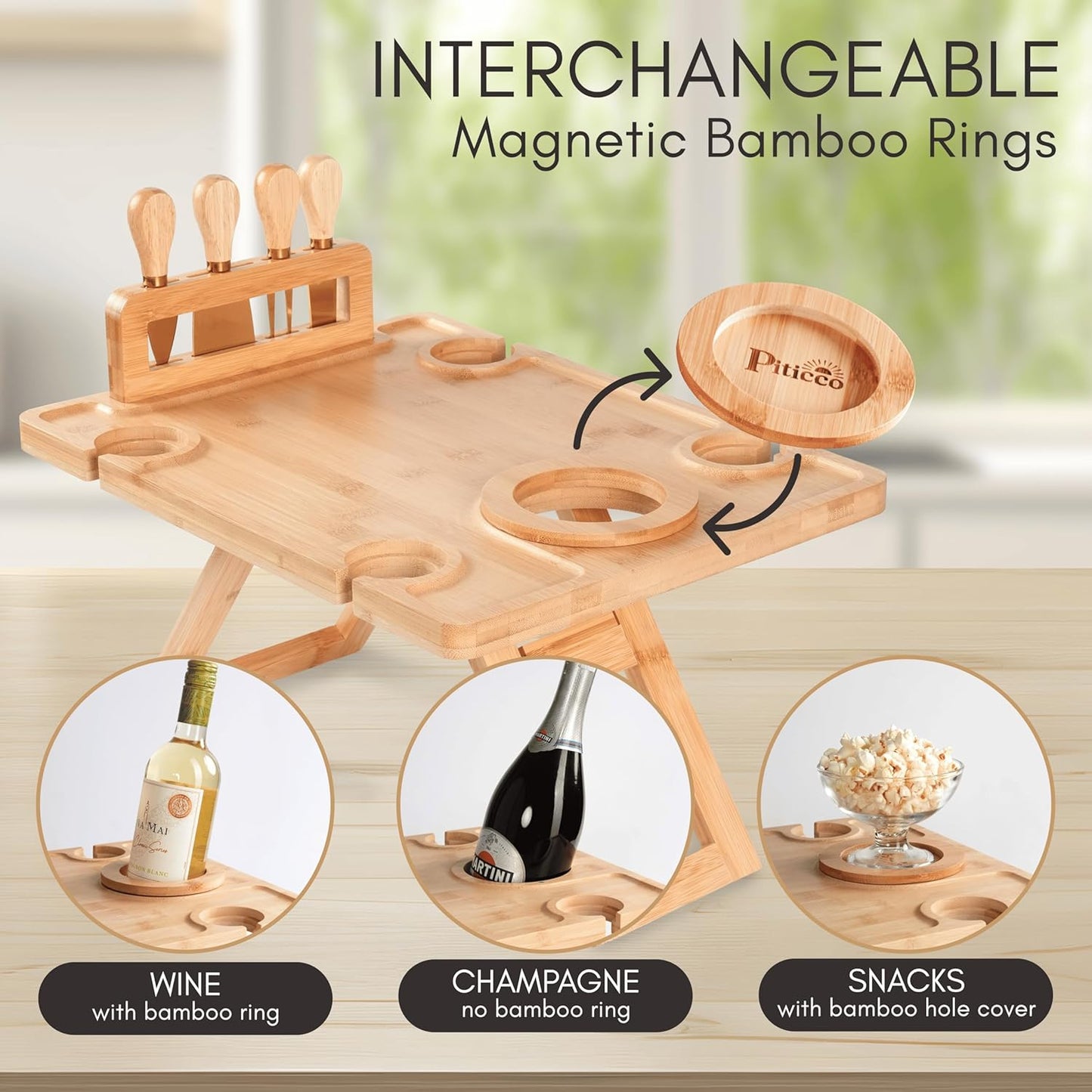 Charcuterie Picnic Table with Wine Glass Holder, Portable Wine & Cheese Board, 4-Piece Cheese Knife Set (Gold) w/Detachable Knife Stand, Bamboo Charcuterie Table, Hosting & Wine Gift
