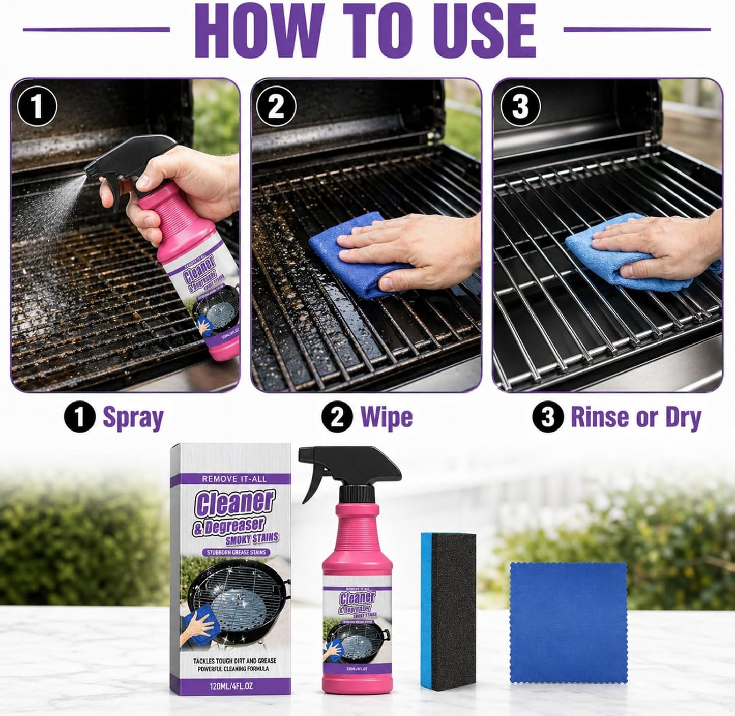 BBQ Grill Cleaner Spray, Heavy Duty Grill Degreaser for Grease, Burnt Food & Smoky Stains, Stainless Steel Cleaner for Outdoor Grill, Grates, Stove Top, Range Hood & Kitchen Surfaces, 120ml (2PCS)