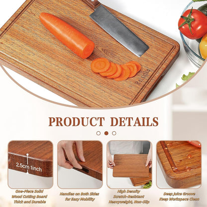 Solid Teak Wood Cutting Board Set One Piece Non Glued Large Thick Crack Resistant Wooden Chopping Board with DeepJuice Grooves Built in Handles for Kitchen Meat Bread 15x10.2IN &11.8 * 7.9IN