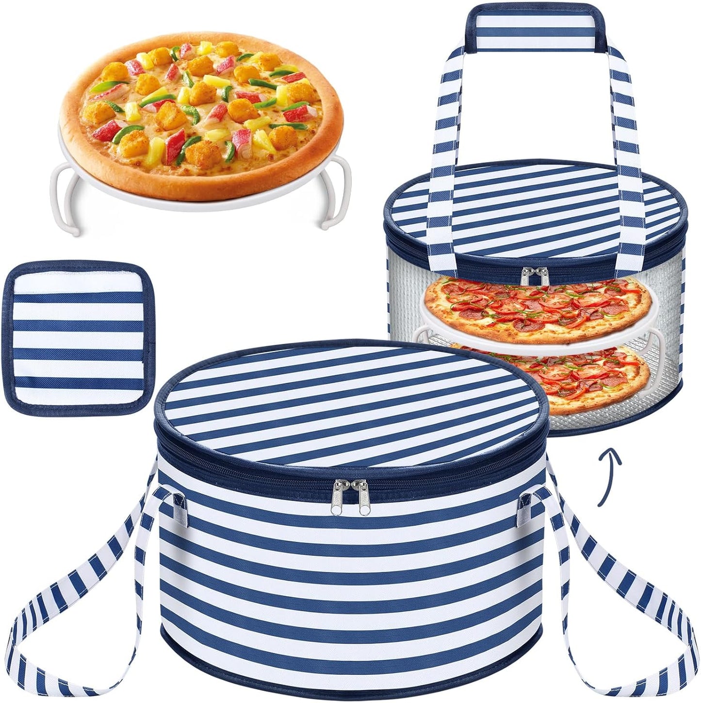Pickmesh Round Pie Carrier 12 x 7 Inch Insulated Casserole Carriers with Lid and Detachable Handle for Hot or Cold Food Cake Transport Thanksgiving Christmas Gift(Cyan White Zigzag)