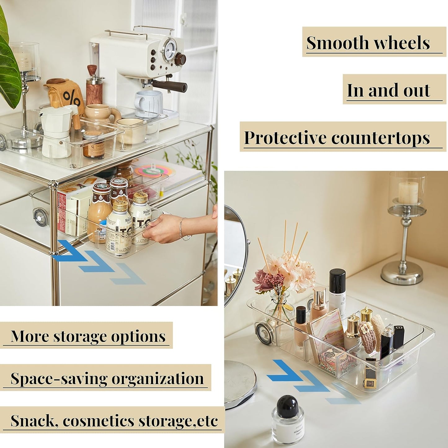 Attelite 3 Pack Fridge Organizer on Wheels,Roll Out Refrigerator Organizers and Storage Clear Design with Dividers,Upgrade Thick Plastic Storage Bins with Wheels, Kitchen Organization