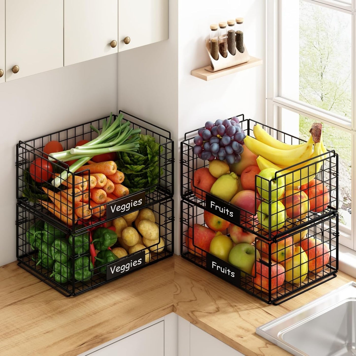JKsmart 8-Tier Stackable Wire Basket, Can Organizer for Pantry Kitchen, XXL Metal Storage Shelves with Dividers & Handles, Easy Assembly Space Saving Storage Bins for Snacks Fruits Veggies