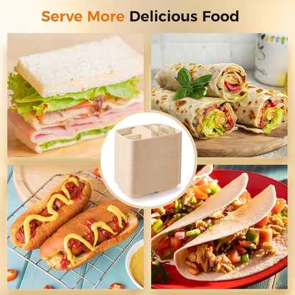 100 PCS Disposable Taco Holders, Bagasse Pulp 2-Slot Taco Plate with Side Compartments, Safe Plant Fiber Tray for Taco Tuesday, Party, Sandwich, Hot Dog, Sauce & Snack Serving, Thick(100)