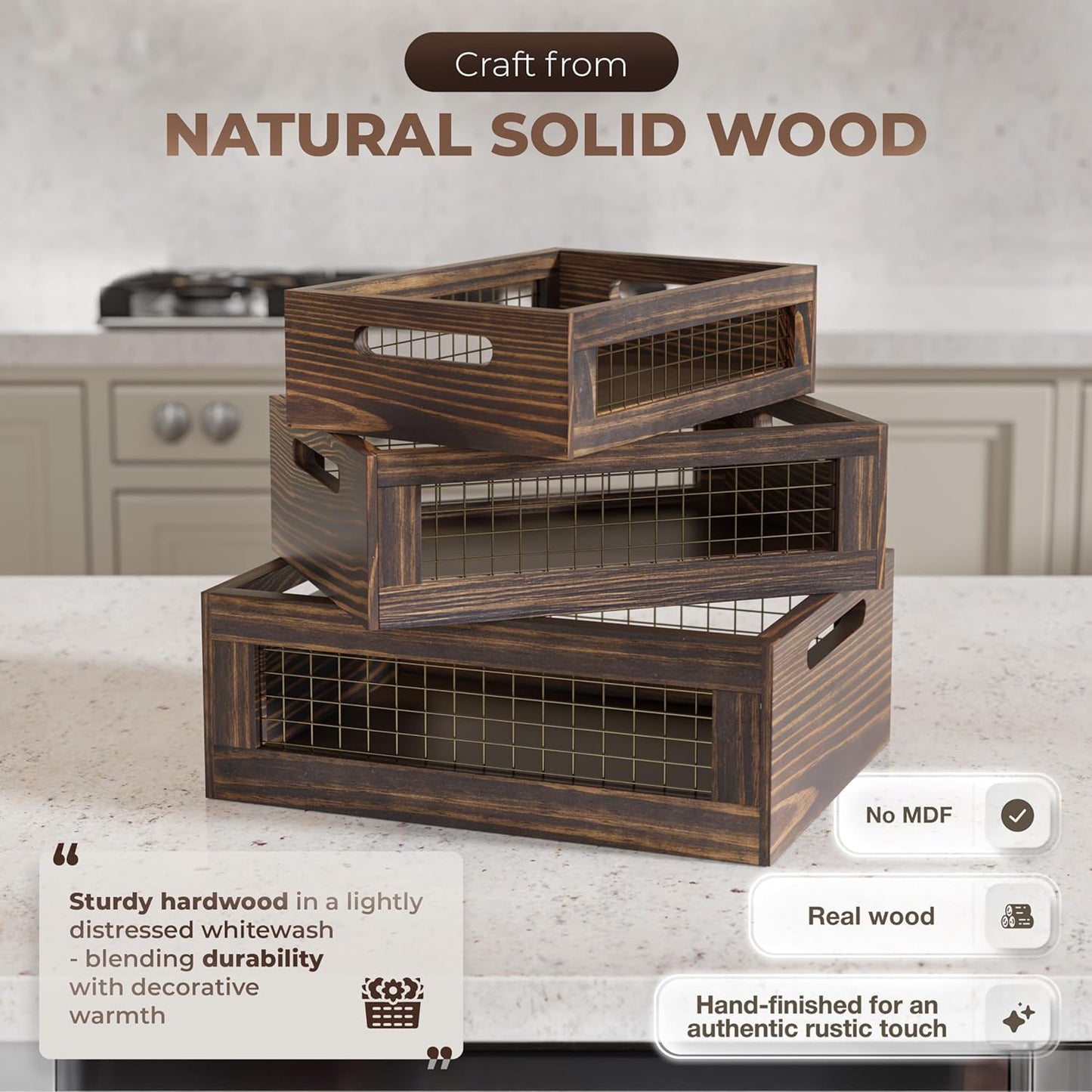 Set of 3 Wooden Nesting Countertop Baskets, Rustic Wood Storage Crates with Handles for Kitchen, Pantry, Bathroom, Fruit, Vegetables, Bread