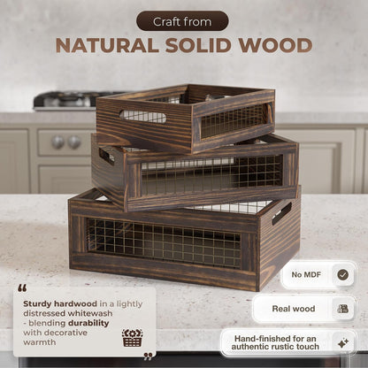 Set of 3 Wooden Nesting Countertop Baskets, Rustic Wood Storage Crates with Handles for Kitchen, Pantry, Bathroom, Fruit, Vegetables, Bread