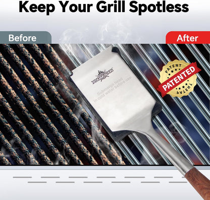 Bristle-Free Steam Cleaning Grill Brush Kit – Luxurious Long Rosewood Handle, Includes 1 Replacement Head – Safe BBQ Grill Cleaning for Outdoor Grill – Great Gift for Men/Dad