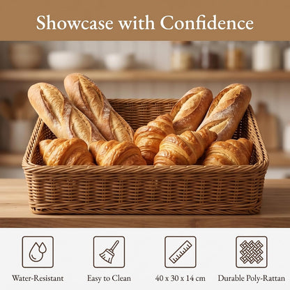 Woven Serving Basket, Rectangle Rattan Organizer Bins, Decorative Tabletop Baskets for Pantry Bathroom, Plastic Wicker Storage Basket for Bread Vegetables Fruit Snacks, Brown 35×25×12cm