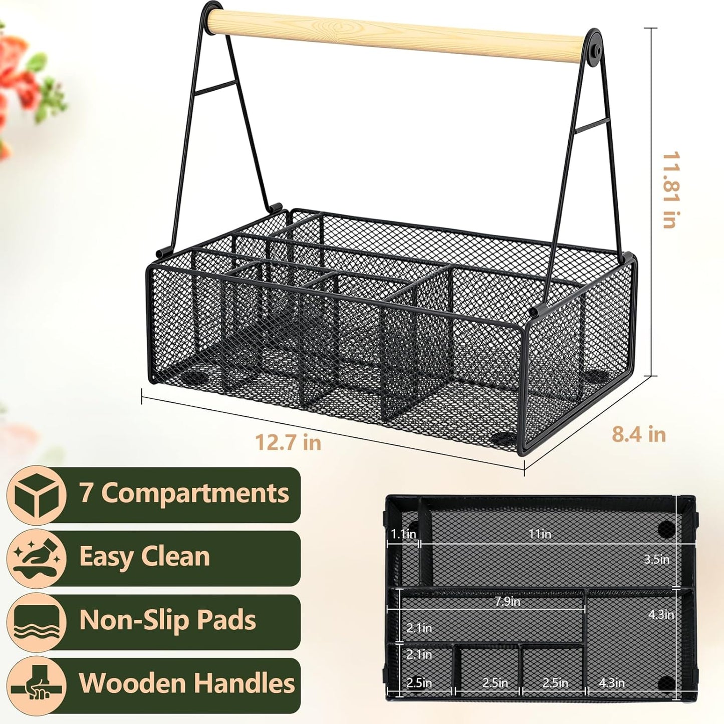 Metal Silverware Caddy for Countertop – 7 Compartment Paper Plate and Utensil Organizer with Side Handles – Cutlery Holder for Party, Buffet, Picnic, or Kitchen Table