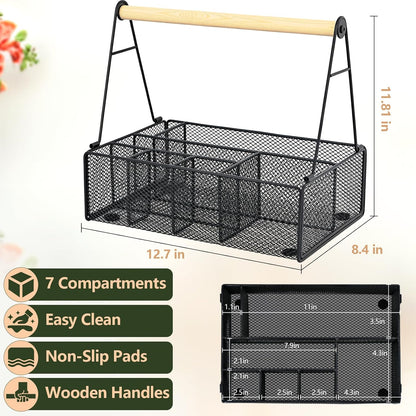 Metal Silverware Caddy for Countertop – 7 Compartment Paper Plate and Utensil Organizer with Side Handles – Cutlery Holder for Party, Buffet, Picnic, or Kitchen Table
