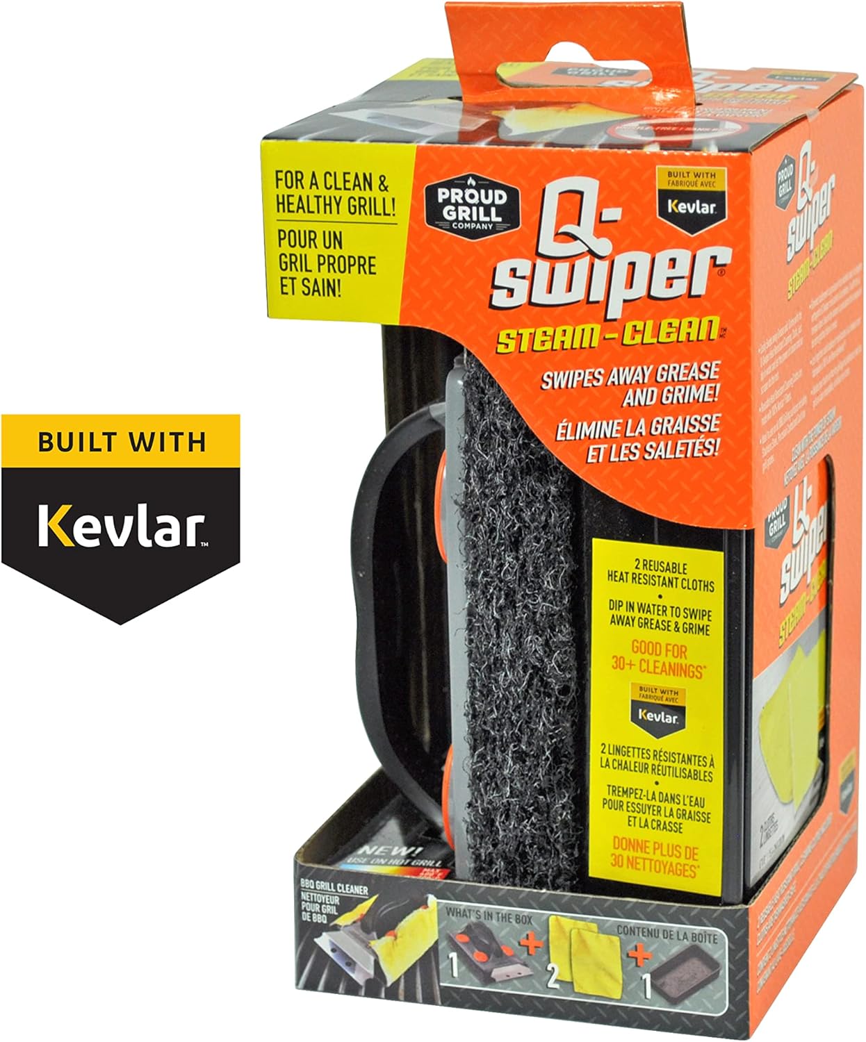 Q-Swiper Steam Clean BBQ Grill Cleaner Set - 1 Grill Brush with Scraper, 2 Heat Resistant Kevlar® Cloths, 1 Tray | Bristle Free | Safe Way to Steam away Grill Grease & Grime