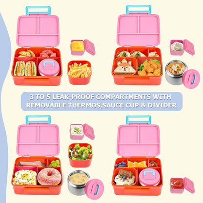 Bento Lunch Box for Kids with Thermo, Leakproof Bento Box with 8oz Insulated Food Jar, Insulated Bottle, Lunch Bag, BPA Free Dishwasher Safe 4 Compartment Container for School Girls Boys (Pink)