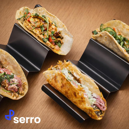 Taco Holders with Sauce Cups (Set of 2) - Black Stainless Steel Taco Stands for 3 Tacos - Dishwasher, Oven & Grill Safe Taco Rack Tray for Home, Parties & Kids by Serro