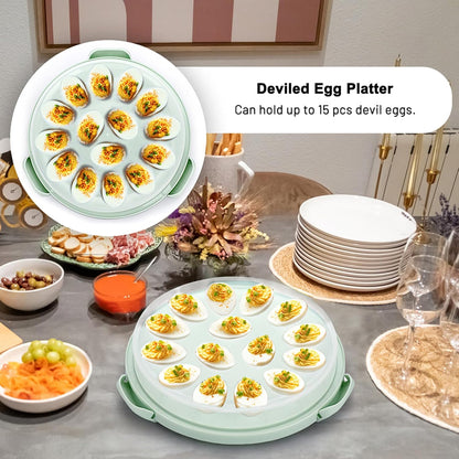 BSTKEY Portable Cake Carrier with Lid and Handle, Devil Egg Container + Cupcake Storage Tray for Transport, 10 Round Cake Container Holder with Two Sided Base for Pies Cookies Nuts Fruit, Green