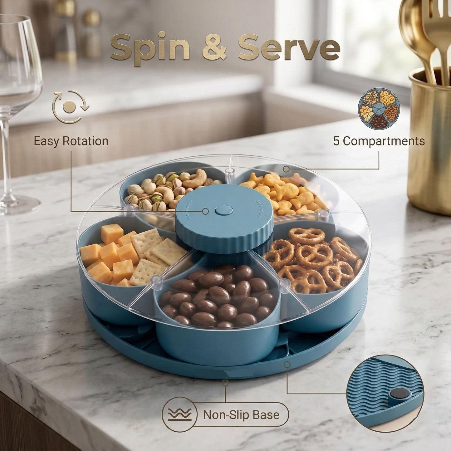 Multi-Compartment Rotating Snack Container with Clear Lid - Dust-Proof Divided Snack Tray for Parties & Picnics, Portable Lazy Susan Food Organizer, Covered Travel Snack Box (Blue)