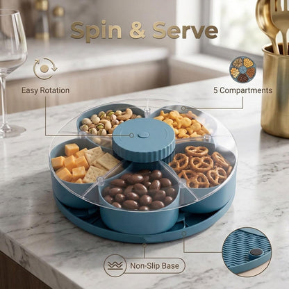 Multi-Compartment Rotating Snack Container with Clear Lid - Dust-Proof Divided Snack Tray for Parties & Picnics, Portable Lazy Susan Food Organizer, Covered Travel Snack Box (Blue)