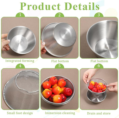Mini Colanders Stainless Steel Food Colander Mini Strainer with Bowl Colanders Bowl Rice Strainer for Kitchen Colander Set for Pasta Straining Fruit Washing Vegetable (5.51 x 2.36 Inches Silver)