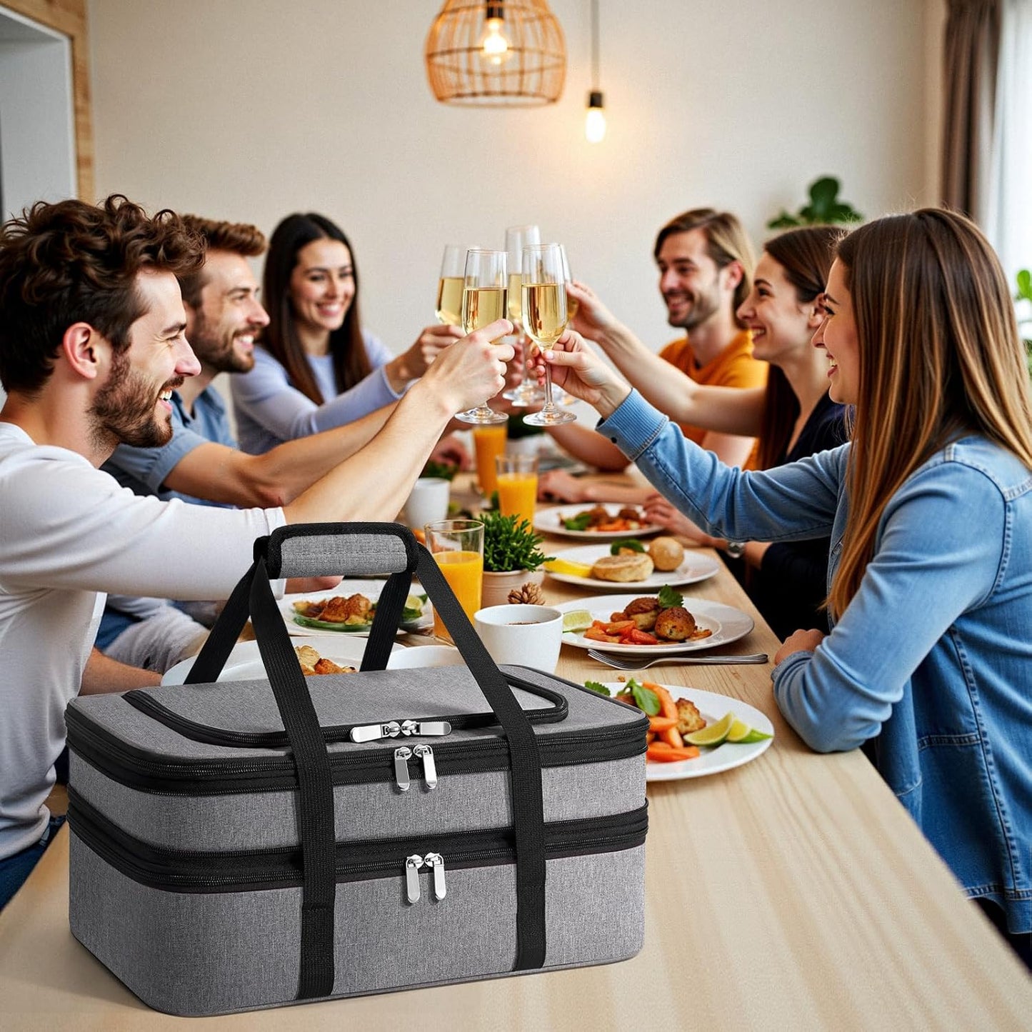 Double Insulated Casserole Carrier - Portable Casserole Carriers for Hot or Cold Food Lunch Tote Warmer or Cooler Bag for Potluck Parties Picnic Cookouts, Fits 9" x 13" Baking Dish - Grey