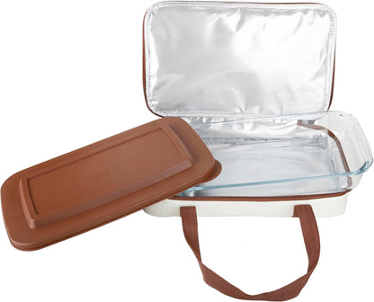 Glass Casserole with Insulated Carry Bag - 3 Quart Capacity, Microwave, Oven, and Freezer Safe, Includes Lid and Carry Bag. Overall Size 13.75"x 8.5"x 2" - Beige