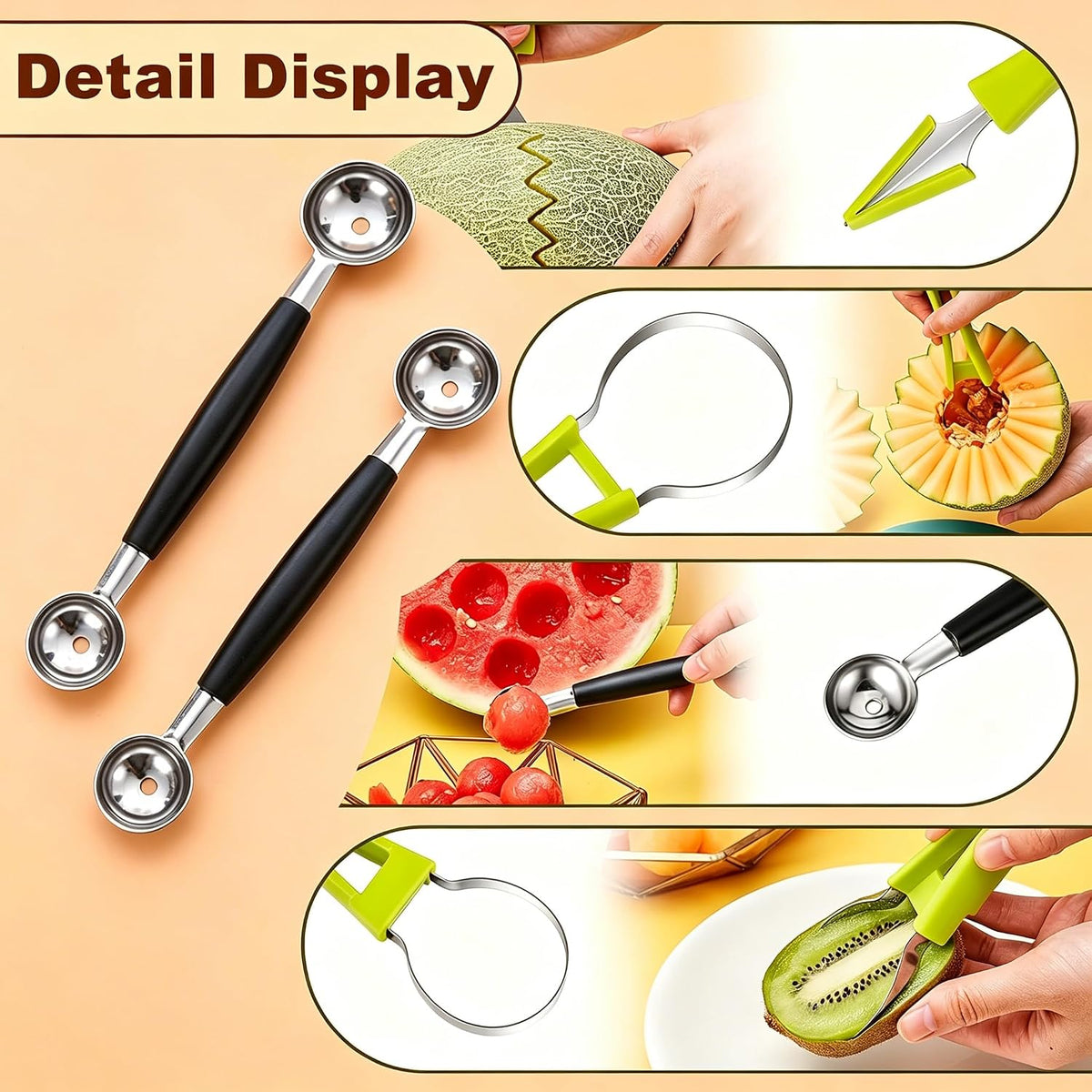 Melon Baller Scoop, Stainless Steel Dual-End Fruit Baller Scoop, Professional 3-in-1 Fruit Carving and Scooping Kit, Melon Balls Scooper for Watermelon, Ice Cream, Fruits, Sorbet and Meatballs