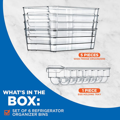 NutriChef Refrigerator Set Organizer Bins - Stackable Clear Plastic Bin with Handles, Egg Tray - For Fridge, Freezer, Kitchen, Cabinet, Countertops, Pantry - BPA Free Food Storage Rack