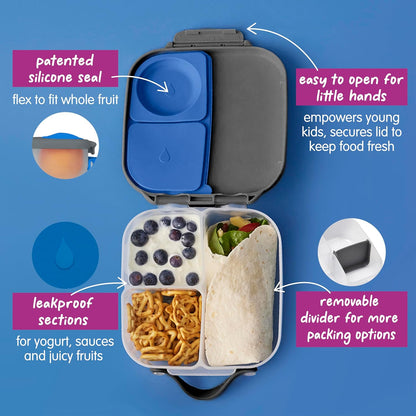 b.box Mini Lunch Box 2-Pack, Leak Proof Bento Box for Kids, 3 Compartment Snack Containers Ages 3+, Lunchbox for Daycare + School, Dishwasher Safe, BPA-Free, PFAS-Free, 4.25 Cup - Blue + Green