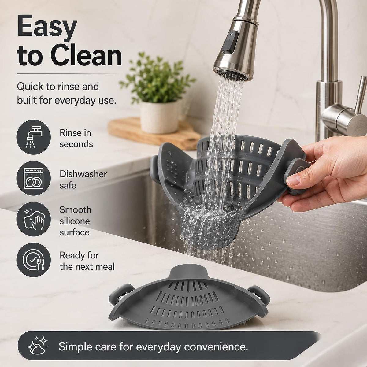 Clip-On Silicone Pot Strainer, Hands-Free Pasta Colander, Grey