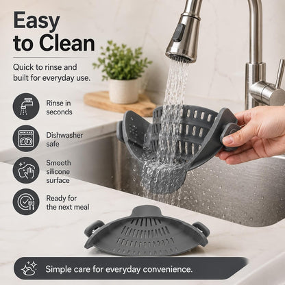 Clip-On Silicone Pot Strainer, Hands-Free Pasta Colander, Grey